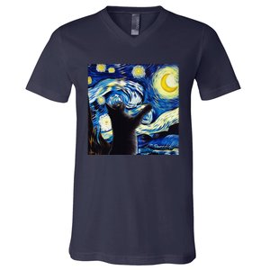 Starry Night Cat Van Gogh CatBlack Cat V-Neck T-Shirt