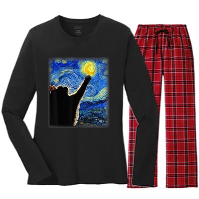 Starry Night Cat, Van Gogh Cat, Cat Lover, Cat Mom, Cat Dad Women's Long Sleeve Flannel Pajama Set 