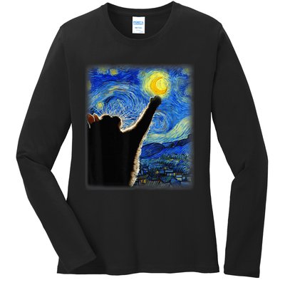 Starry Night Cat, Van Gogh Cat, Cat Lover, Cat Mom, Cat Dad Ladies Long Sleeve Shirt