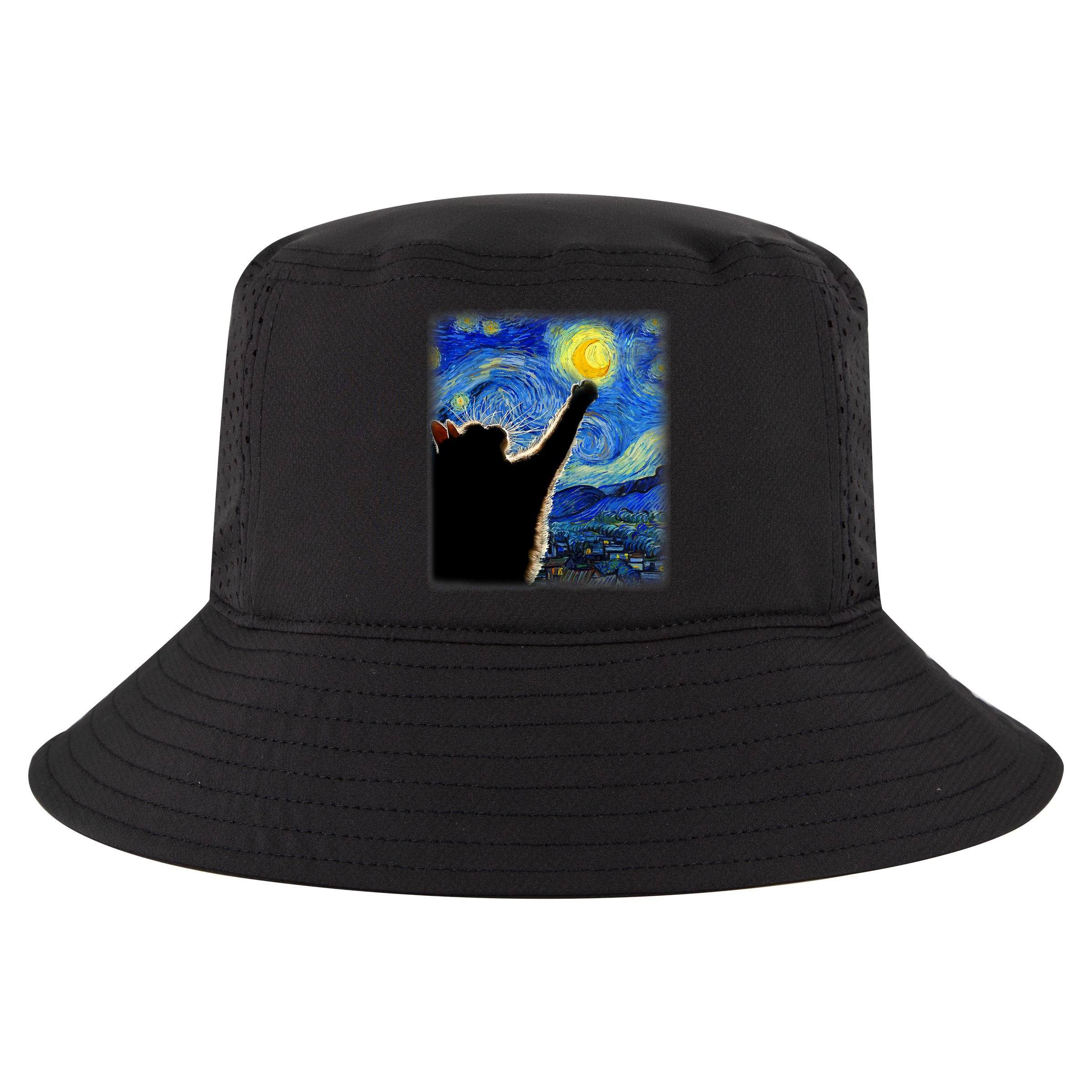 Starry Night Cat, Van Gogh Cat, Cat Lover, Cat Mom, Cat Dad Cool Comfort Performance Bucket Hat