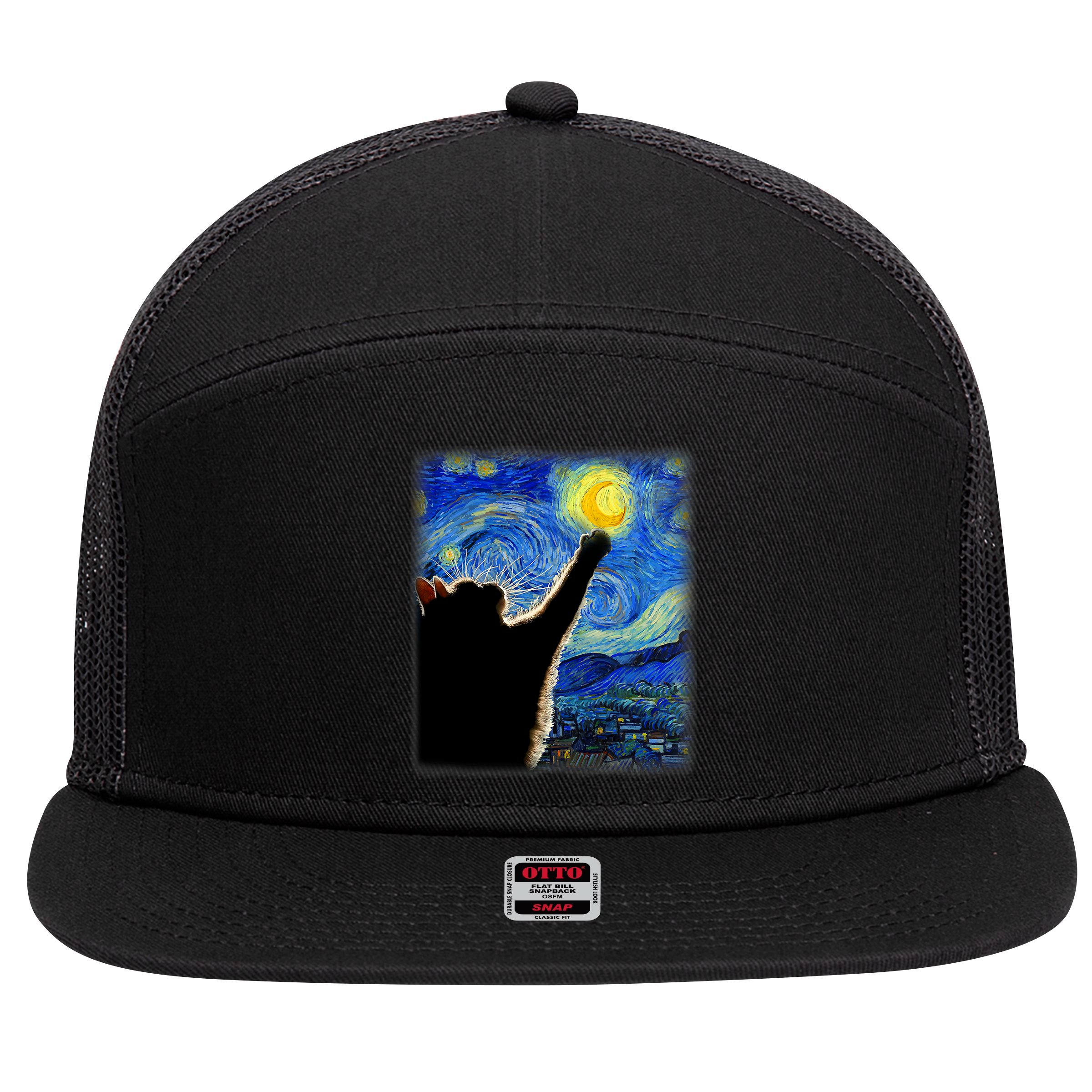 Starry Night Cat, Van Gogh Cat, Cat Lover, Cat Mom, Cat Dad 7 Panel Mesh Trucker Snapback Hat