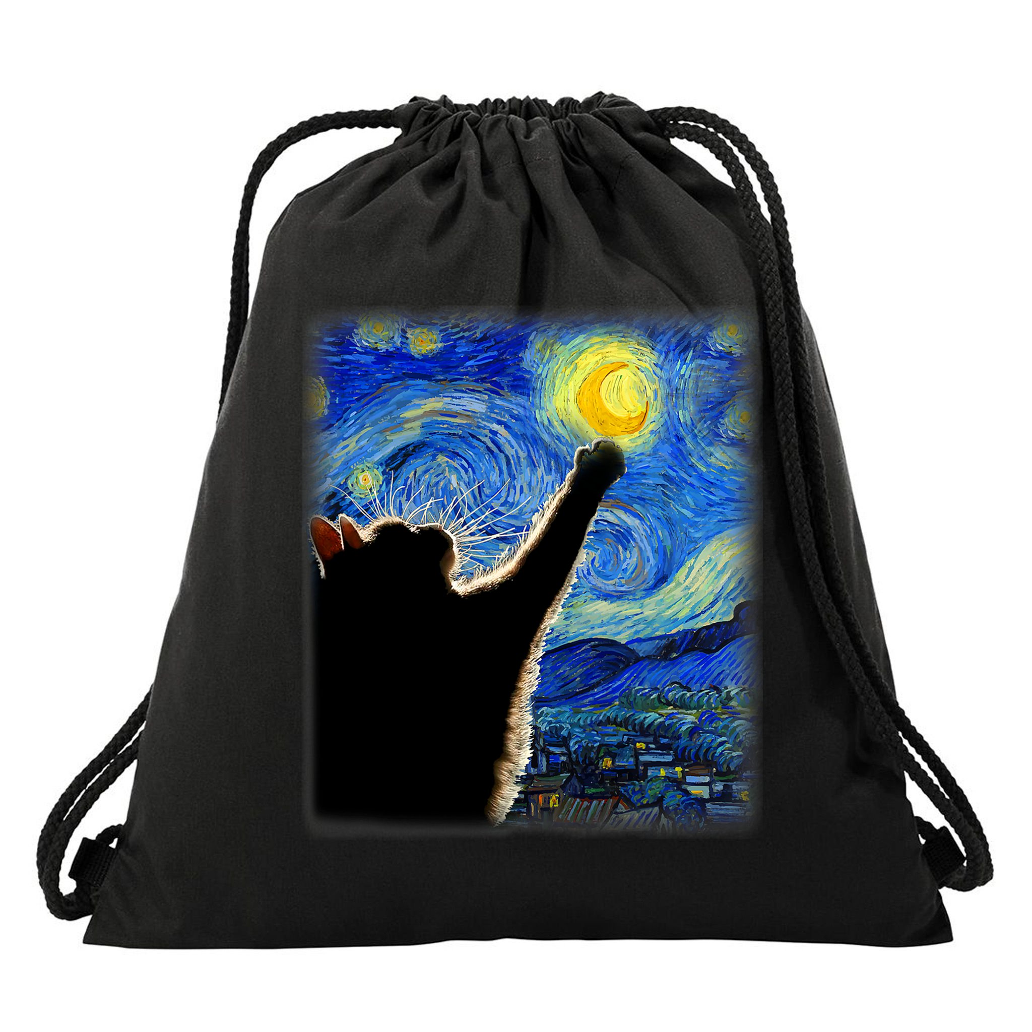 Starry Night Cat, Van Gogh Cat, Cat Lover, Cat Mom, Cat Dad Drawstring Bag