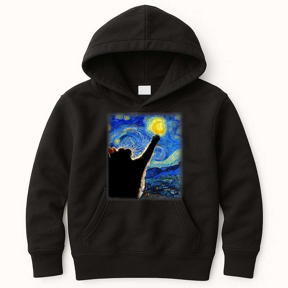 Starry Night Cat, Van Gogh Cat, Cat Lover, Cat Mom, Cat Dad Kids Hoodie
