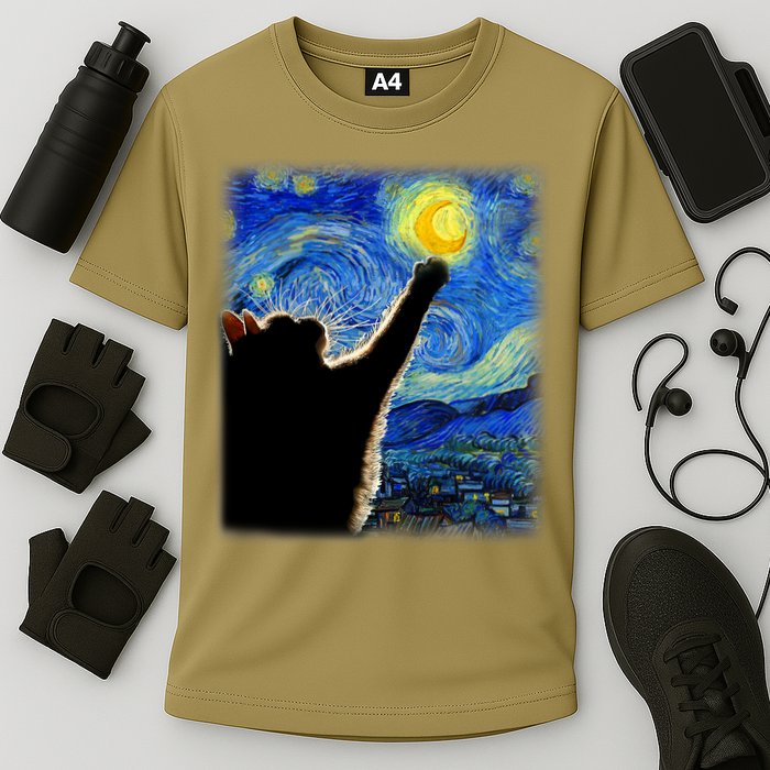 Starry Night Cat, Van Gogh Cat, Cat Lover, Cat Mom, Cat Dad Cooling Performance Crew T-Shirt