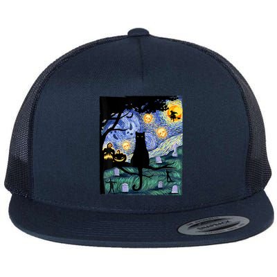 Scary Night Cat Tee, Van Gogh Gift, Halloween Flat Bill Trucker Hat