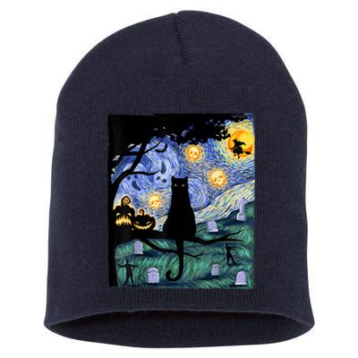 Scary Night Cat Tee, Van Gogh Gift, Halloween Short Acrylic Beanie