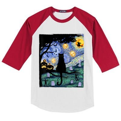 Scary Night Cat Tee, Van Gogh Gift, Halloween Kids Colorblock Raglan Jersey