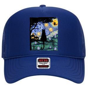 Scary Night Cat Tee, Van Gogh Gift, Halloween High Crown Mesh Back Trucker Hat