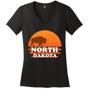 Sunset North Dakota 70s 80s Retro Bison Buffalo Women's V-Neck T-Shirt