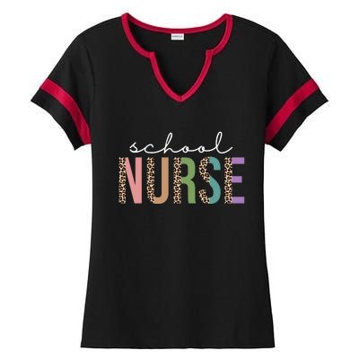 School Nurse Fancy Leopard Logo Ladies Halftime Notch Neck Tee