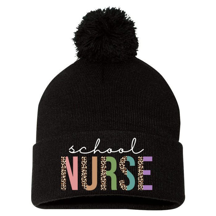 School Nurse Fancy Leopard Logo Pom Pom 12in Knit Beanie