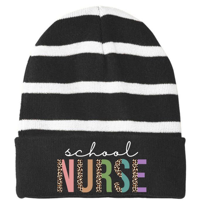 School Nurse Fancy Leopard Logo Striped Beanie with Solid Band