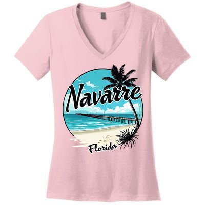 Scenic Navarre Florida Beach And Pier Art Women's V-Neck T-Shirt