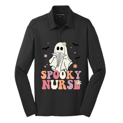 Spooky Nurse Ghost Halloween Groovy Retro Boo Boo Crew Nurse Funny Gift Silk Touch Performance Long Sleeve Polo