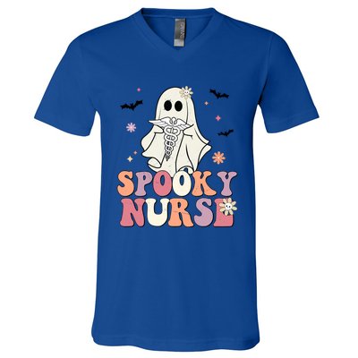 Spooky Nurse Ghost Halloween Groovy Retro Boo Boo Crew Nurse Funny Gift V-Neck T-Shirt