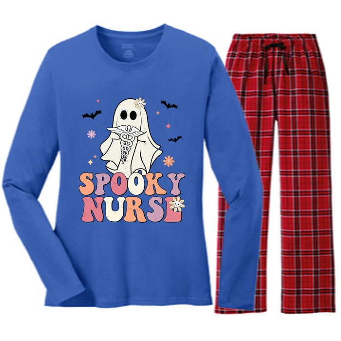 Spooky Nurse Ghost Halloween Groovy Retro Boo Boo Crew Nurse Funny Gift Women's Long Sleeve Flannel Pajama Set 