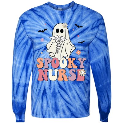 Spooky Nurse Ghost Halloween Groovy Retro Boo Boo Crew Nurse Funny Gift Tie-Dye Long Sleeve Shirt