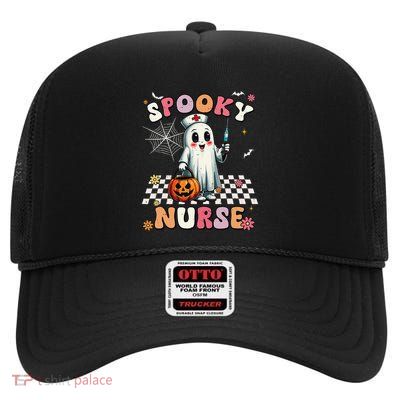 Spooky Nurse Ghost Halloween Cute Groovy Nursing Halloween Gift High Crown Mesh Back Trucker Hat