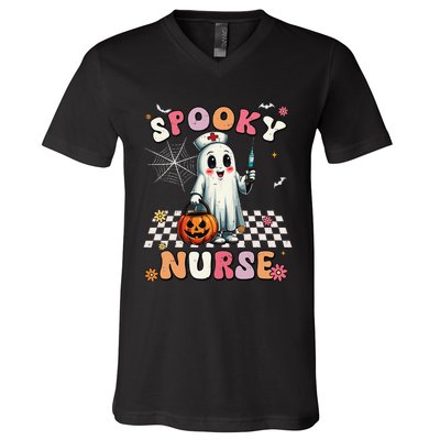 Spooky Nurse Ghost Halloween Cute Groovy Nursing Halloween Gift V-Neck T-Shirt