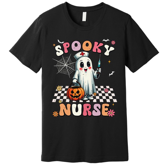 Spooky Nurse Ghost Halloween Cute Groovy Nursing Halloween Gift Premium T-Shirt