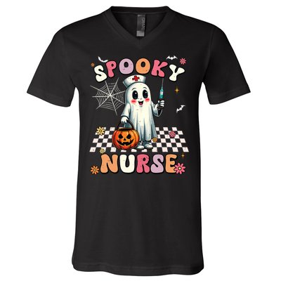 Spooky Nurse Ghost Halloween Cute Groovy Nursing Halloween V-Neck T-Shirt