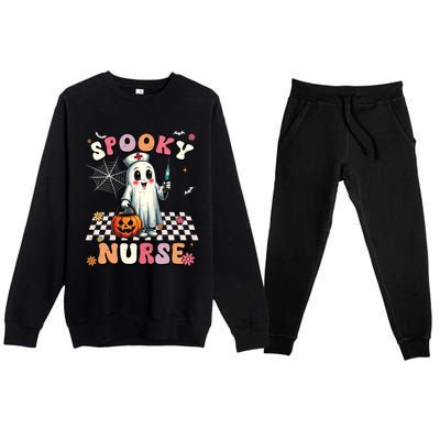 Spooky Nurse Ghost Halloween Cute Groovy Nursing Halloween Premium Crewneck Sweatsuit Set