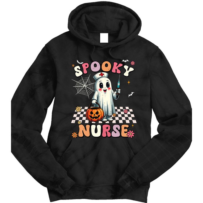 Spooky Nurse Ghost Halloween Cute Groovy Nursing Halloween Tie Dye Hoodie