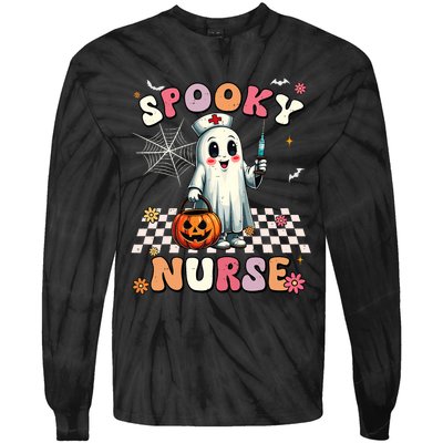 Spooky Nurse Ghost Halloween Cute Groovy Nursing Halloween Tie-Dye Long Sleeve Shirt