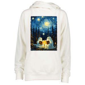 Starry Night Ghost Book Reading Camping Halloween Van Gogh Womens Funnel Neck Pullover Hood