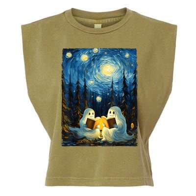 Starry Night Ghost Book Reading Camping Halloween Van Gogh Garment-Dyed Women's Muscle Tee