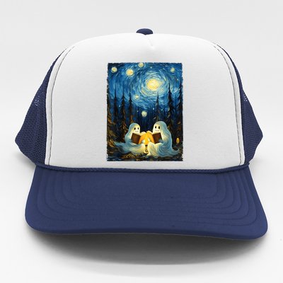 Starry Night Ghost Book Reading Camping Halloween Van Gogh Trucker Hat