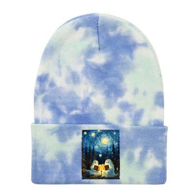 Starry Night Ghost Book Reading Camping Halloween Van Gogh Tie Dye 12in Knit Beanie