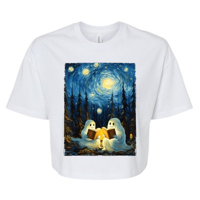 Starry Night Ghost Book Reading Camping Halloween Van Gogh Bella+Canvas Jersey Crop Tee