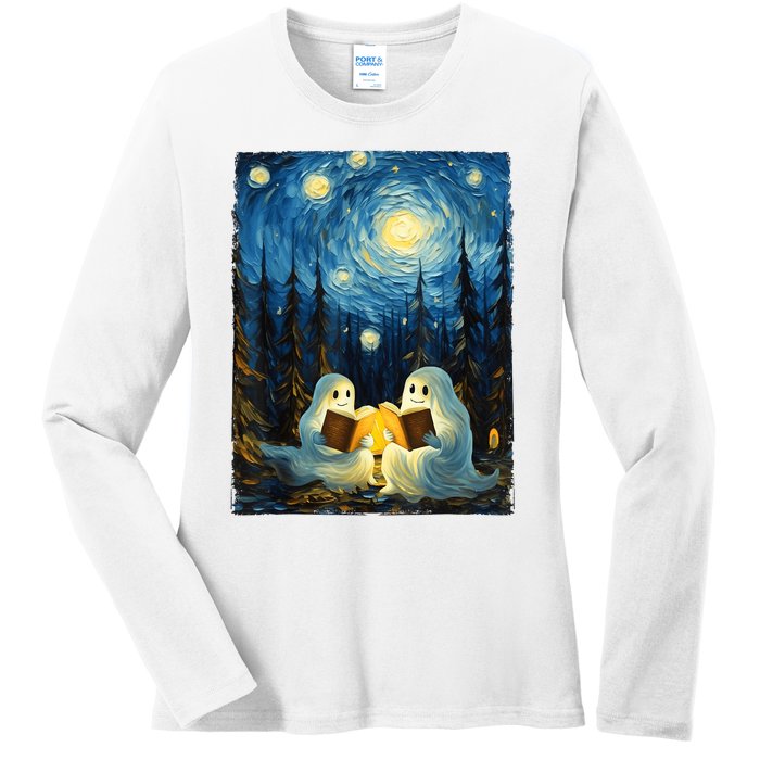 Starry Night Ghost Book Reading Camping Halloween Van Gogh Ladies Long Sleeve Shirt