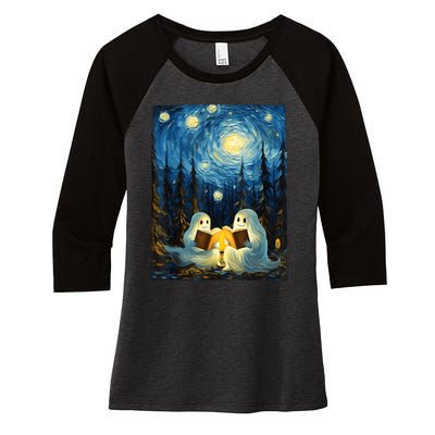 Starry Night Ghost Book Reading Camping Halloween Van Gogh Women's Tri-Blend 3/4-Sleeve Raglan Shirt