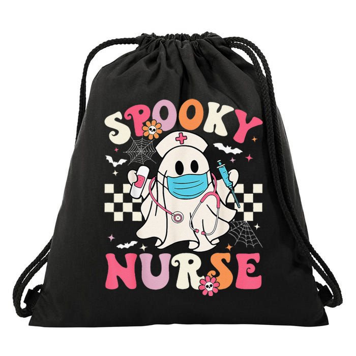 Spooky Nurse Ghost Halloween Cute Groovy Nursing Halloween Gift Drawstring Bag