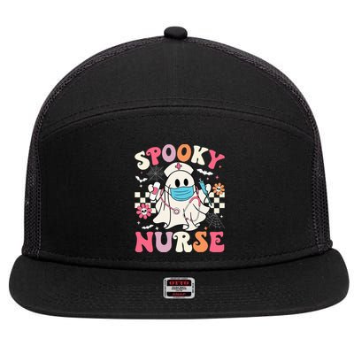 Spooky Nurse Ghost Halloween Cute Groovy Nursing Halloween 7 Panel Mesh Trucker Snapback Hat