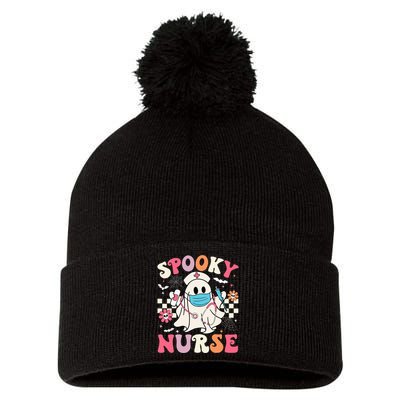 Spooky Nurse Ghost Halloween Cute Groovy Nursing Halloween Pom Pom 12in Knit Beanie