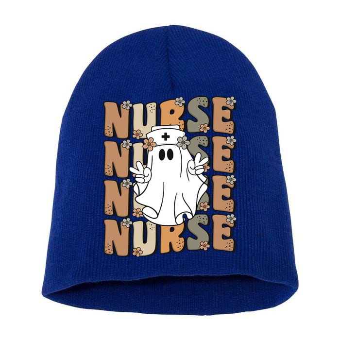 Spooky Nursing Ghost Cute Groovy Halloween Nurse Icu Cna Rn Gift Short Acrylic Beanie