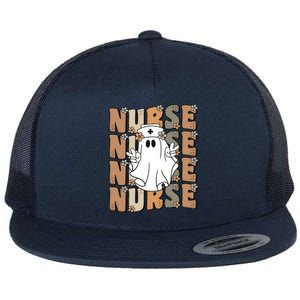 Spooky Nursing Ghost Cute Groovy Halloween Nurse Icu Cna Rn Gift Flat Bill Trucker Hat