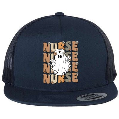 Spooky Nursing Ghost Cute Groovy Halloween Nurse Icu Cna Rn Gift Flat Bill Trucker Hat