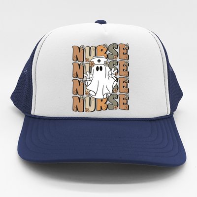 Spooky Nursing Ghost Cute Groovy Halloween Nurse Icu Cna Rn Gift Trucker Hat