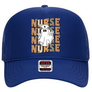 Spooky Nursing Ghost Cute Groovy Halloween Nurse Icu Cna Rn Gift High Crown Mesh Back Trucker Hat