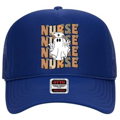 Spooky Nursing Ghost Cute Groovy Halloween Nurse Icu Cna Rn Gift High Crown Mesh Back Trucker Hat