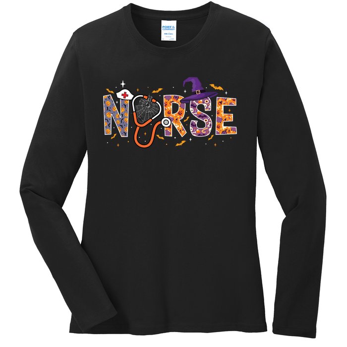 Spooky Nurse Halloween Graphic Ladies Long Sleeve Shirt