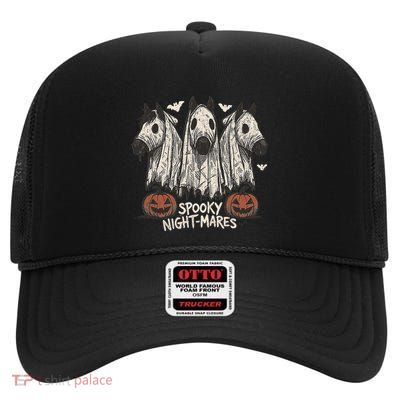 Spooky Nightmares Halloween Horse Ghost Funny Spooky Season High Crown Mesh Back Trucker Hat