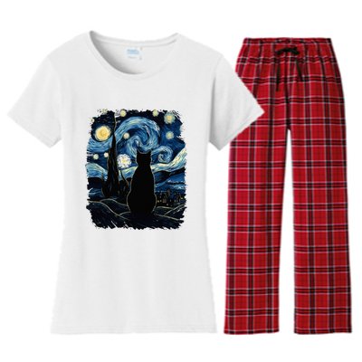 Starry Night Inspired Cat Gifts Funny Cat Women's Flannel Pajama Set