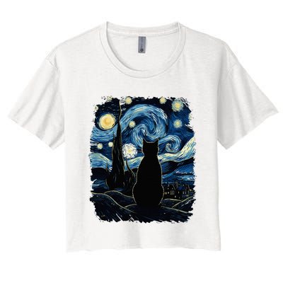 Starry Night Inspired Cat Gifts Funny Cat Women's Crop Top Tee