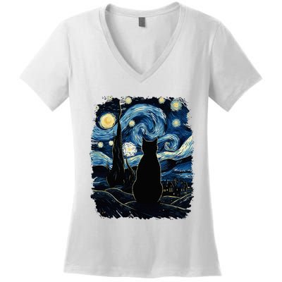 Starry Night Inspired Cat Gifts Funny Cat Women's V-Neck T-Shirt