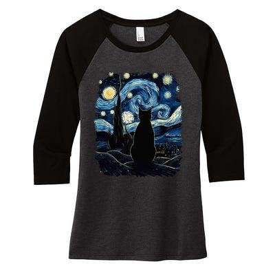 Starry Night Inspired Cat Gifts Funny Cat Women's Tri-Blend 3/4-Sleeve Raglan Shirt